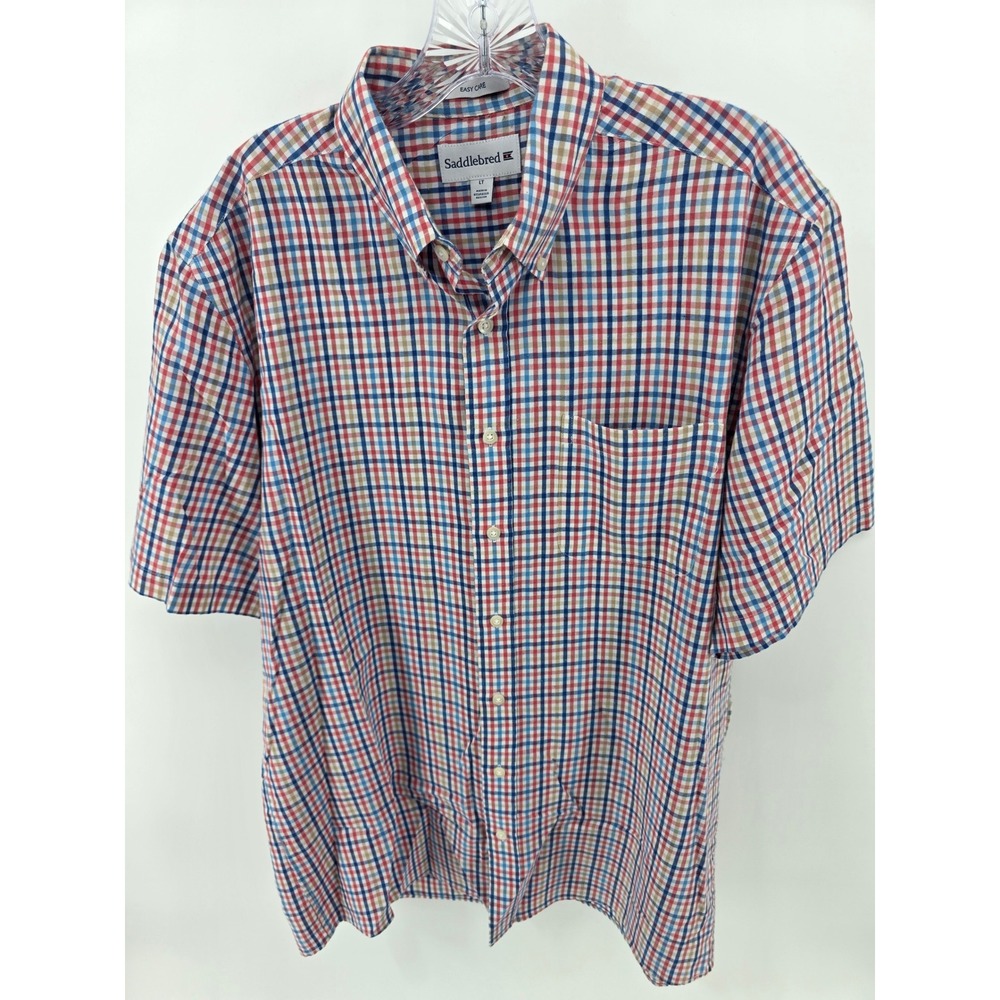 Saddlebred Mens LT Large Tall Plaid Short Sleeve Button Down Shirt Easy Care Red